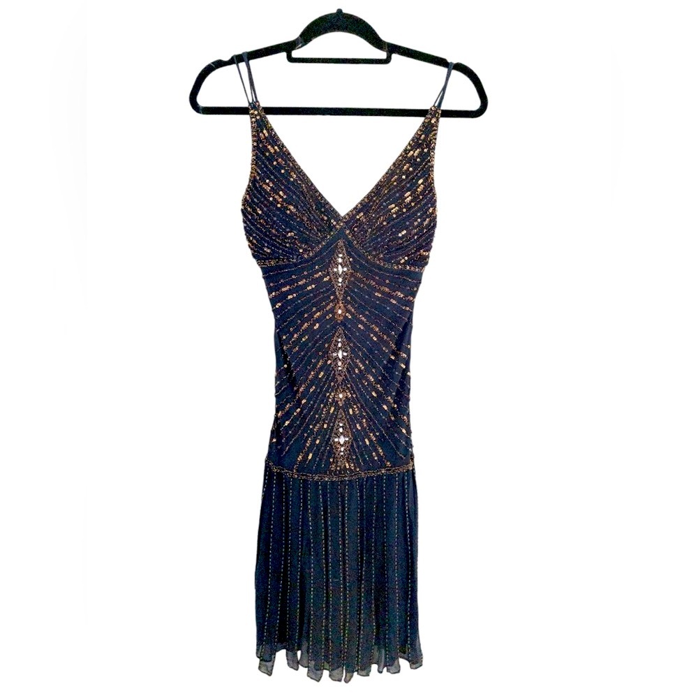 Vintage 90s Sue Wong Nocturnals Beaded Sequin Flapper Dress Navy Fringe Size 8 - Picture 2 of 13